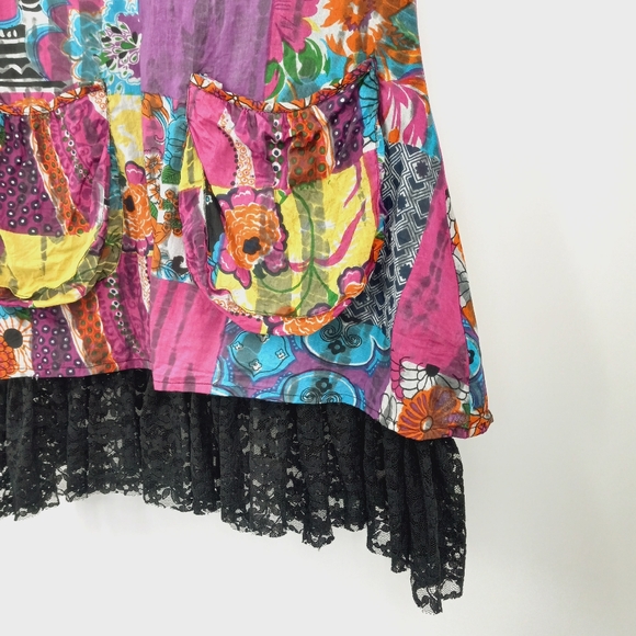 Funky Pepple Tunic Size S Multicolor Patchwork Print Lace Layered Cotton V-Neck - Picture 3 of 9